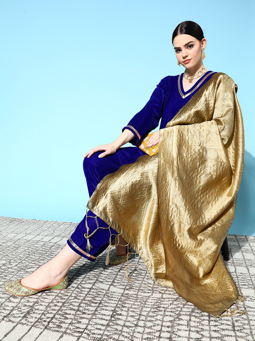 InWeave Women's Blue Velvet Kurta Set With Beige Brocade Dupatta - Distacart