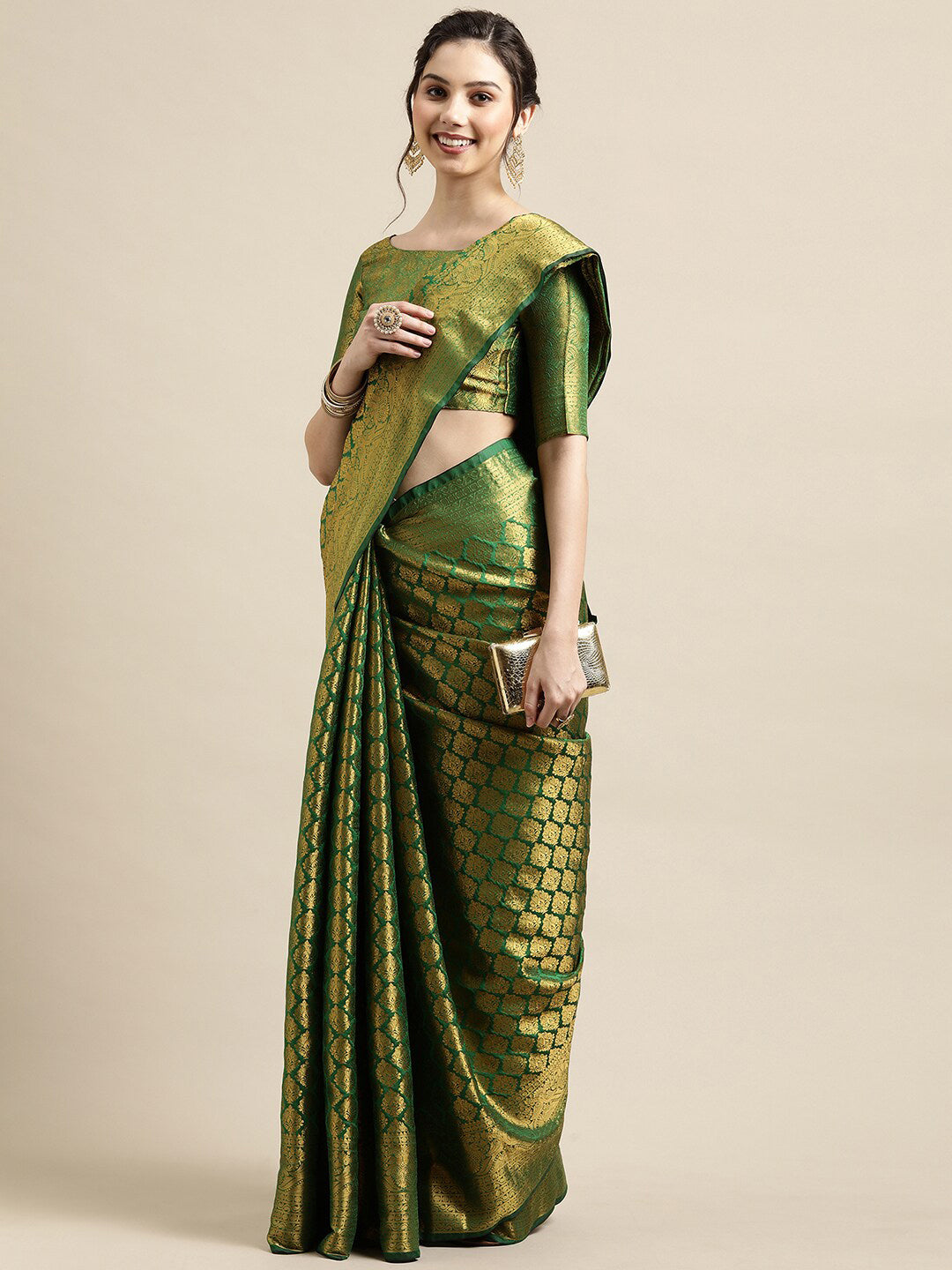 Saree Mall Green & Gold-Toned Woven Design Zari Silk Blend Banarasi Saree - Distacart