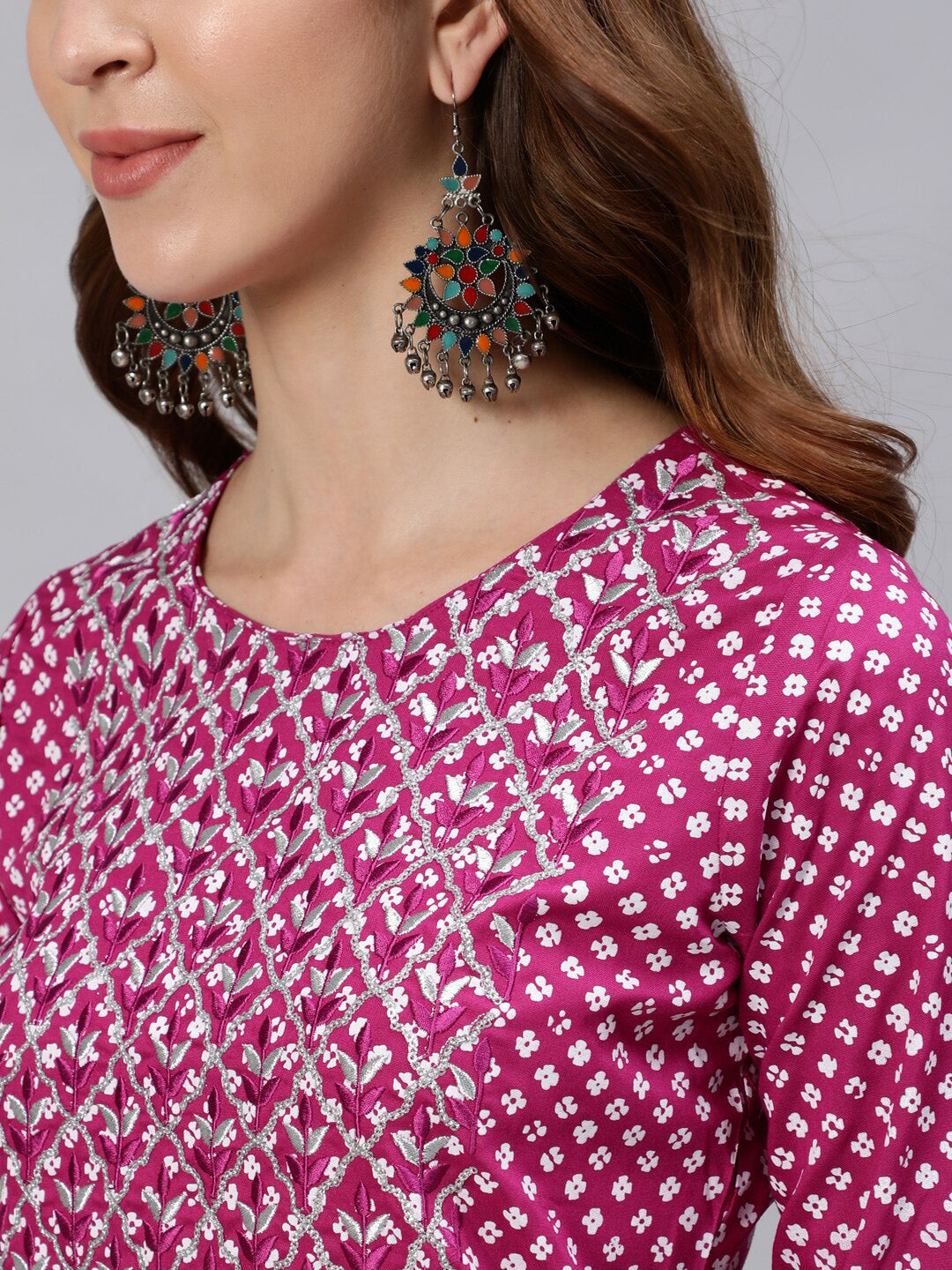 Jaipur Kurti Women Magenta Printed Straight Kurta With Embroidered Yoke Design - Distacart