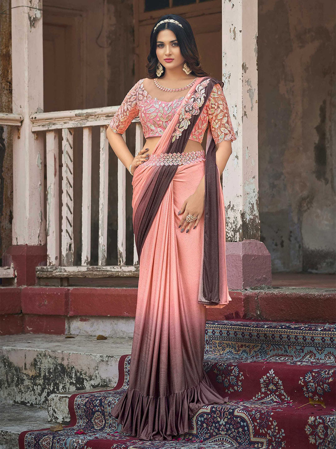 Mitera Pink & Brown Embellished Sequinned Ready to Wear Saree - Distacart