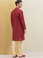 Thumbnail for House of Pataudi Men Red Embroidered Jashn Straight Kurta - Distacart