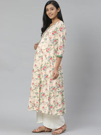 Thumbnail for Anayna Women Cream-Coloured & Green Floral A-Line Maternity Kurta - Distacart