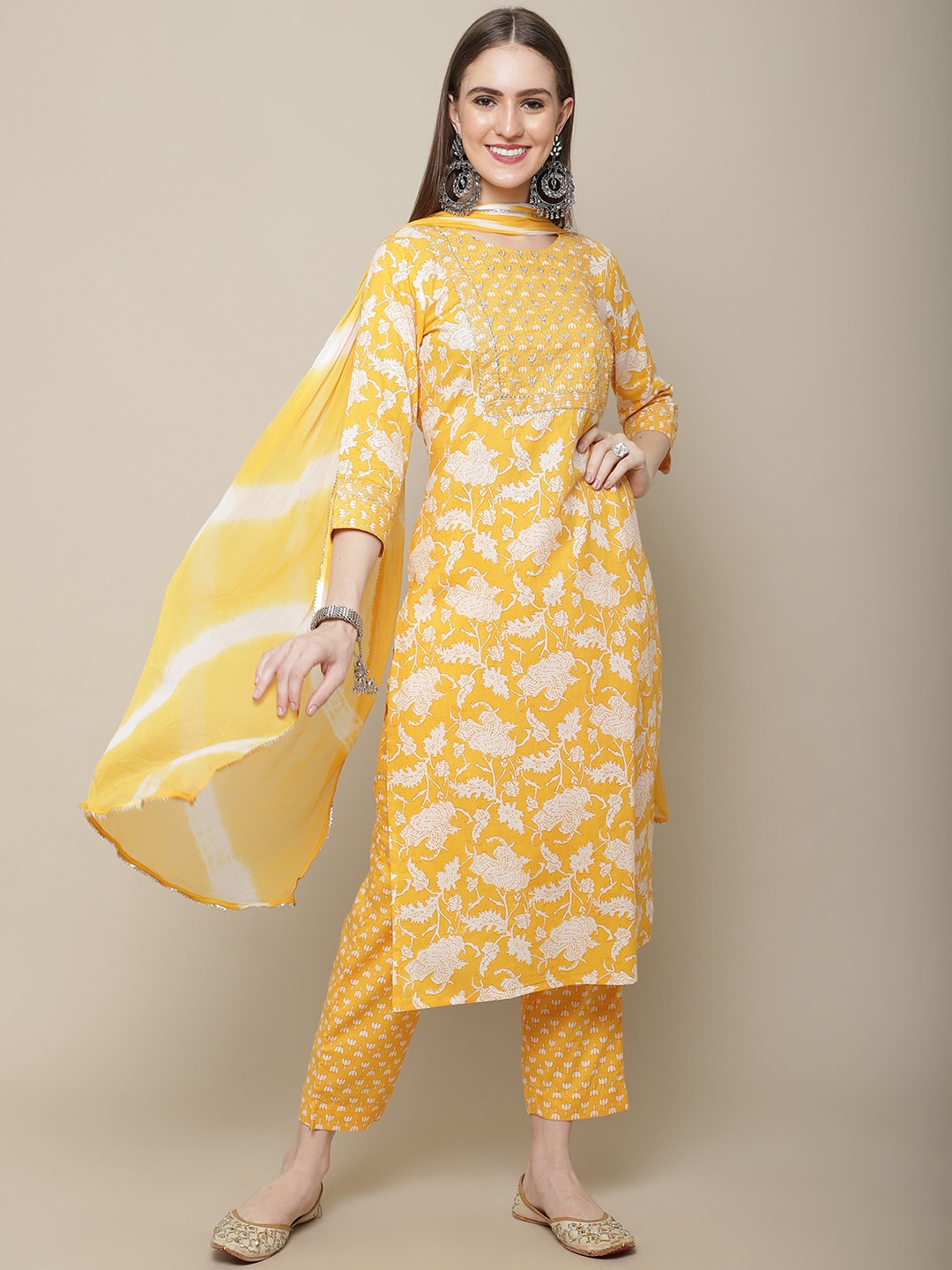 Sangria Women Floral Printed Pure Cotton Kurta with Trousers & With Dupatta - Distacart