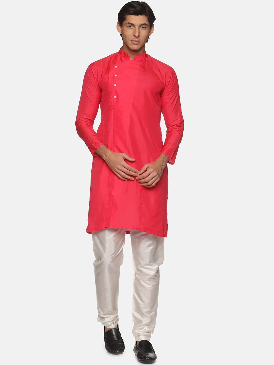Sethukrishna Men Rose Pink Solid Angrakha Kurta with Pyjamas - Distacart