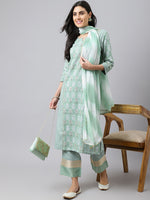 Thumbnail for Khushal K Floral Printed Notched Neck Beads and Stones Kurta With Palazzos & Dupatta - Distacart