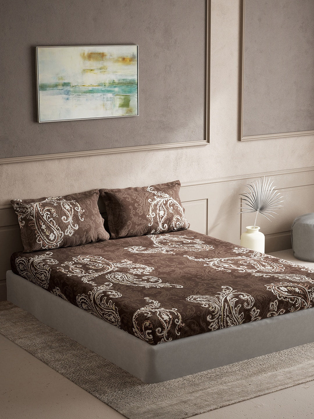 DDecor Brown & White Ethnic Motifs Cotton 140 TC King Bedsheet With 2 Pillow Covers - Distacart