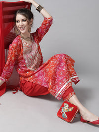 Thumbnail for Ishin Women Red & White Printed Cotton Bandhani Kurta Palazzos & Dupatta with Zari - Distacart