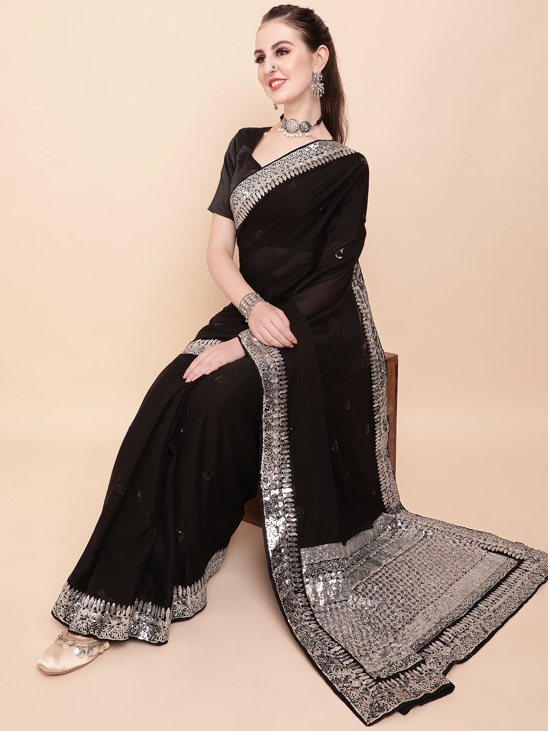 Sangria Black & Silver-Toned Embellished Sequinned Pure Georgette Saree - Distacart