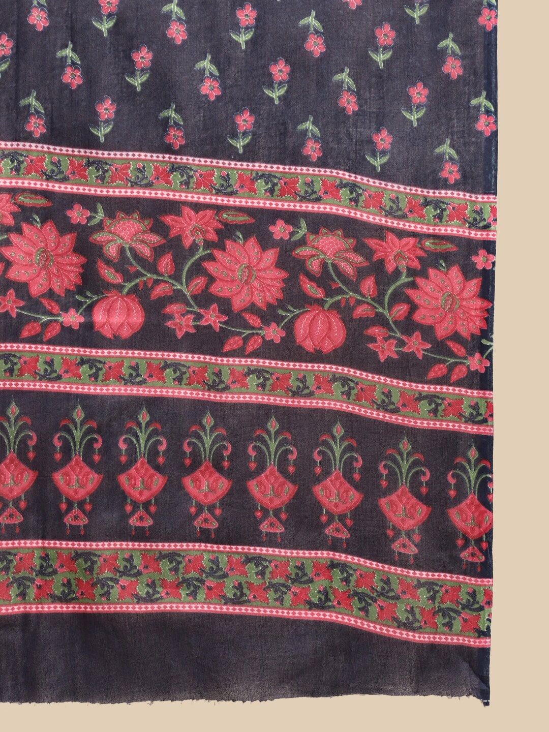 Sangria Navy Blue Floral Printed Beads and Stones Pure Cotton Kurta With Trouser & Dupatta - Distacart