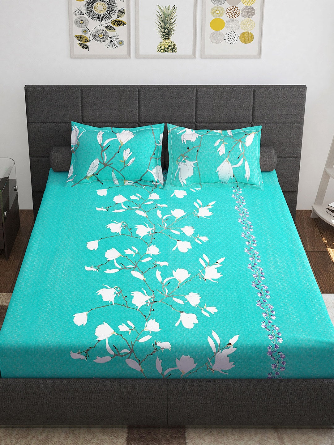 Story@home Sea Green & White Floral 152 TC Cotton 1 Queen Bedsheet with 2 Pillow Covers - Distacart