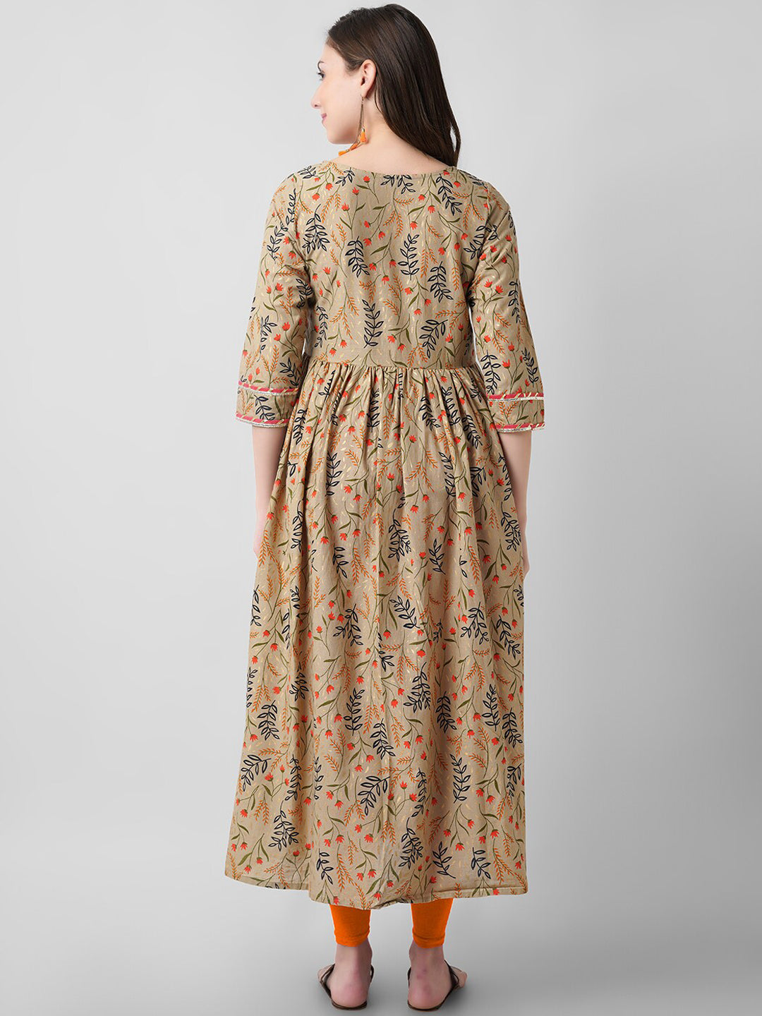 Kalini Women Brown Floral Printed Flared Sleeved Pure Cotton Anarkali Kurta - Distacart