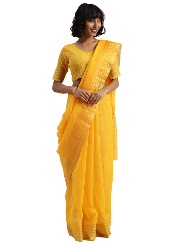 Kalini Yellow & Golden Pure Cotton Saree - Distacart