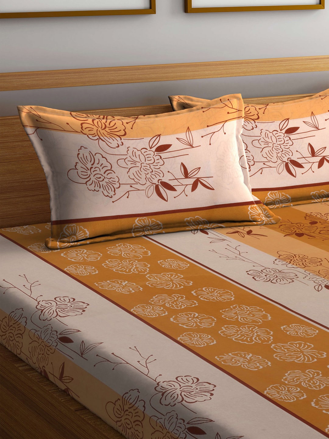 BOMBAY DYEING Beige & Yellow Printed Cotton 104 TC King Bedsheet With 2 Pillow Covers - Distacart