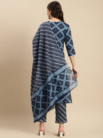 Thumbnail for Sangria Indigo Blue Geometric Printed Pure-Cotton Straight Kurta With Trouser & Dupatta - Distacart