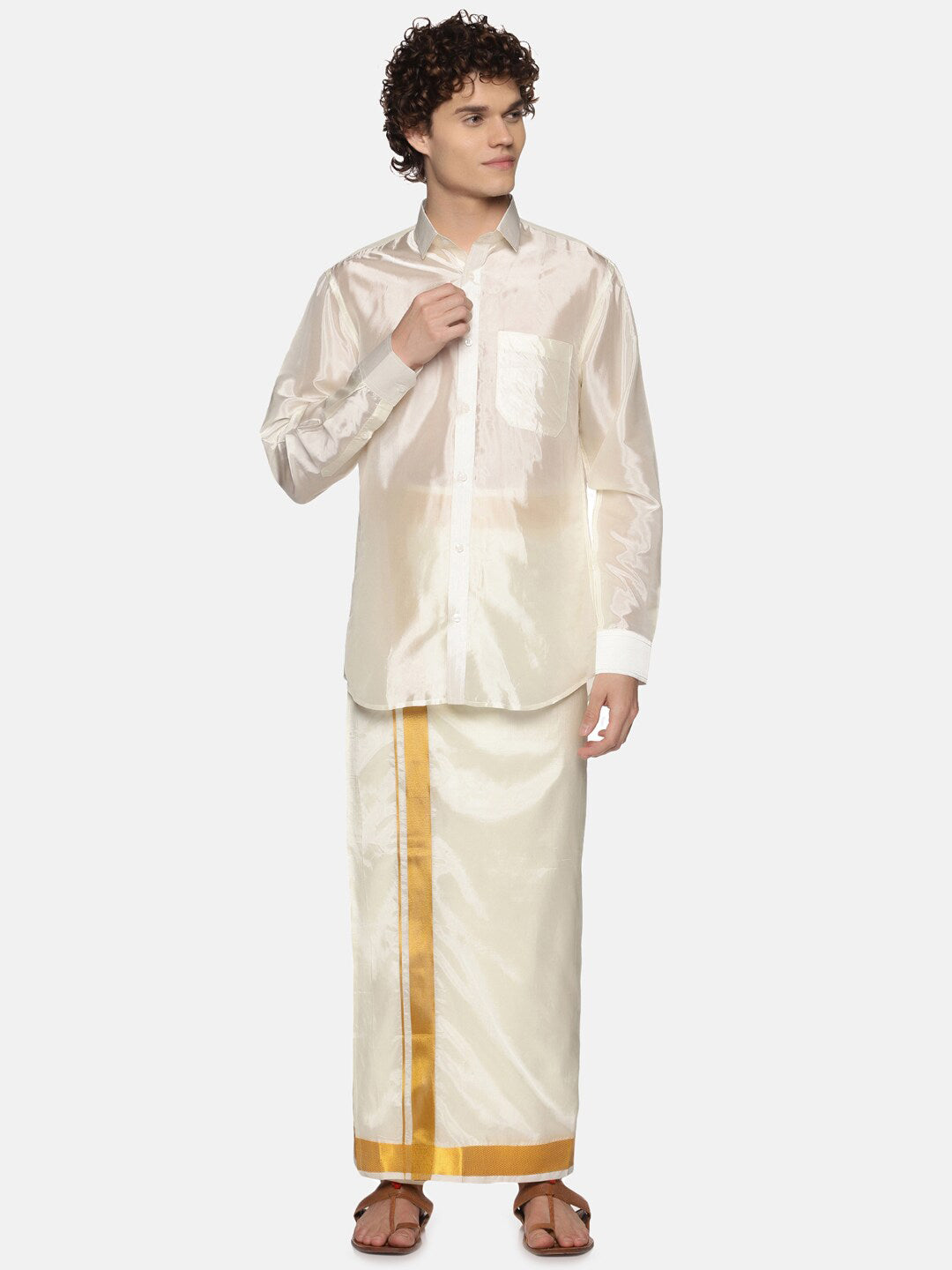 Sethukrishna Men Cream Art Silk Gold Zari Border Dhoti - Distacart