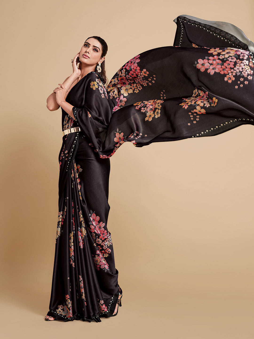 Sangria Black & Burgundy Floral Zari Satin Saree - Distacart