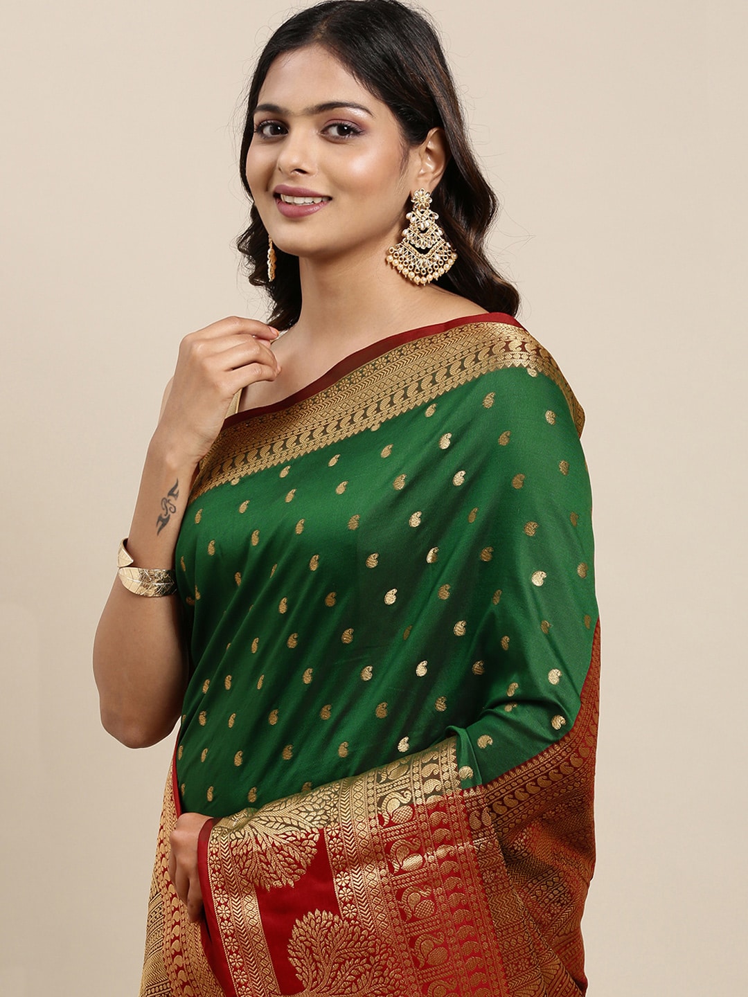 Mitera Green & Gold-Toned Woven Design Zari Silk Cotton Banarasi Saree - Distacart