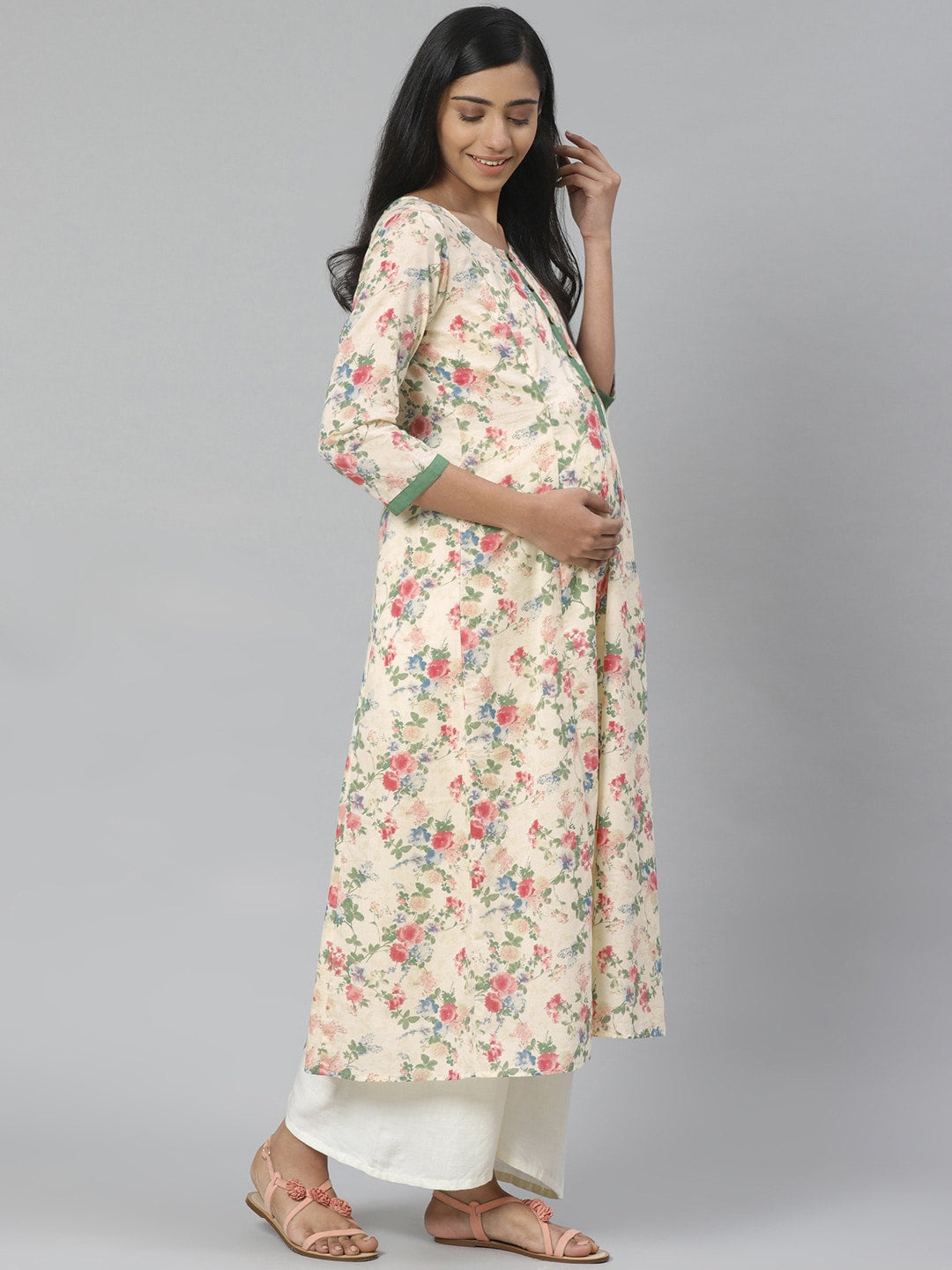 Anayna Women Cream-Coloured & Green Floral A-Line Maternity Kurta - Distacart