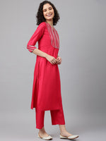 Thumbnail for Khushal K Notched Neck Gotta Patti Mirror Work Straight Kurta with Palazzos & Dupatta - Distacart