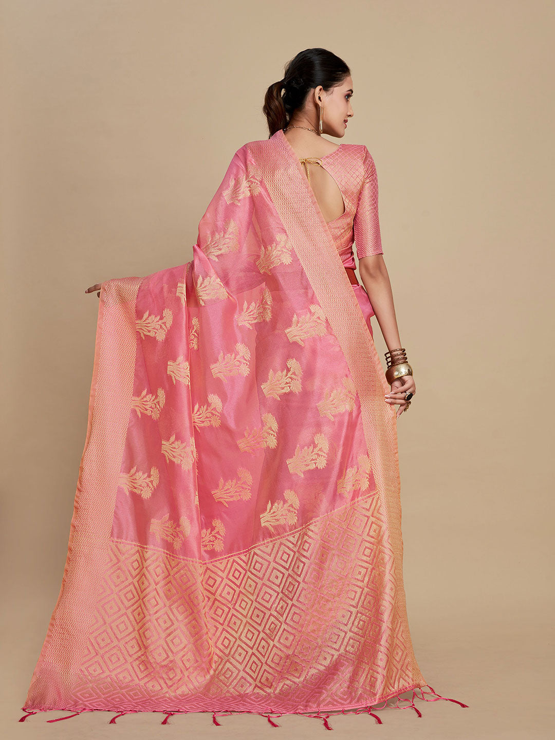 Sangria Pink Woven Design Organza Saree - Distacart