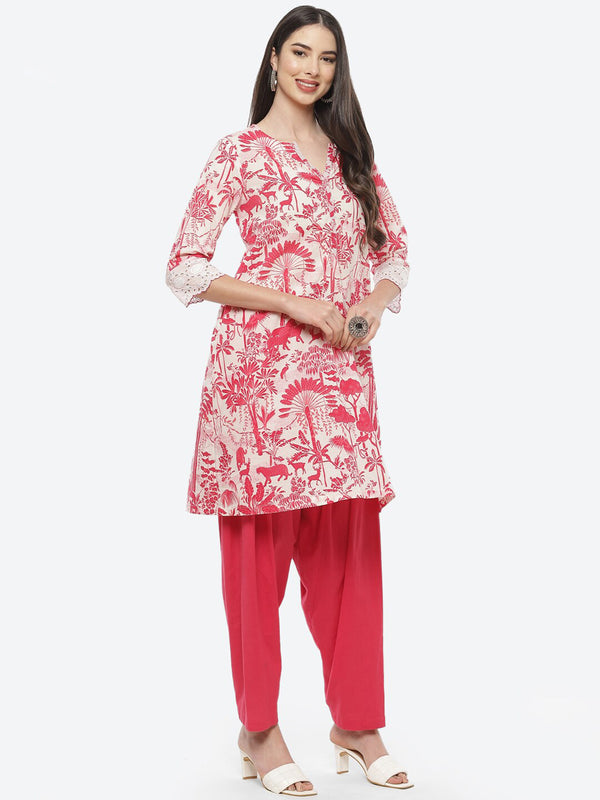 biba women fuchsia floral printed pure cotton kurti with patiala