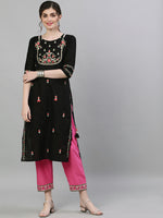 Thumbnail for Ishin Women Black & Pink Embroidered Straight Kurta - Distacart