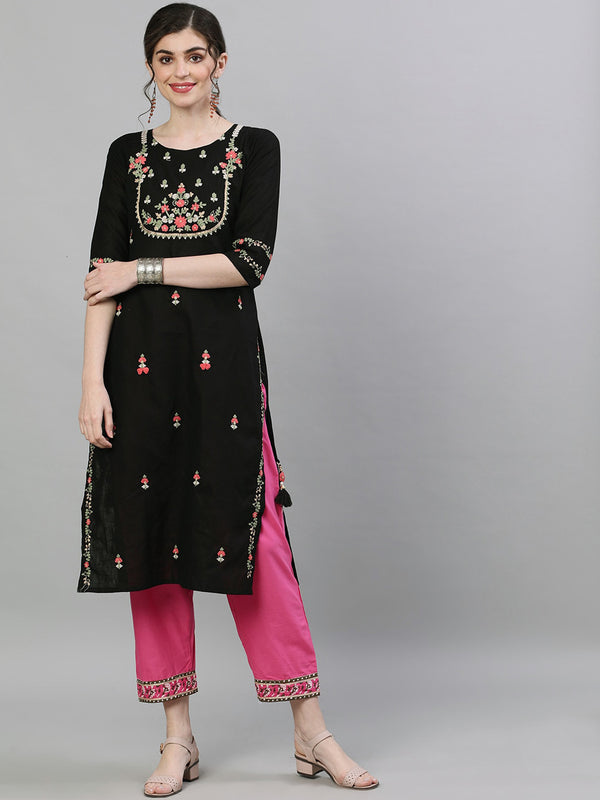 Ishin Women Black & Pink Embroidered Straight Kurta - Distacart
