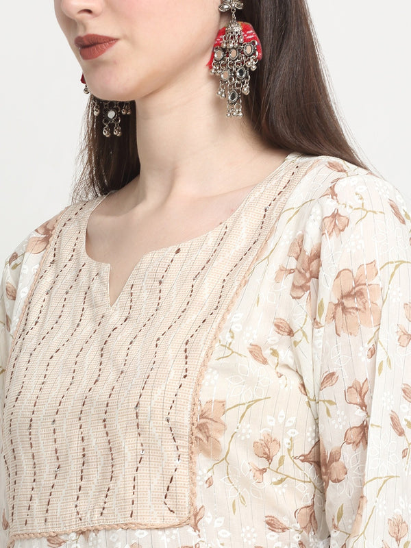 Kalini Printed Notch Neck Sequinned Pure Cotton Anarkali Kurta with Trousers & Dupatta - Distacart