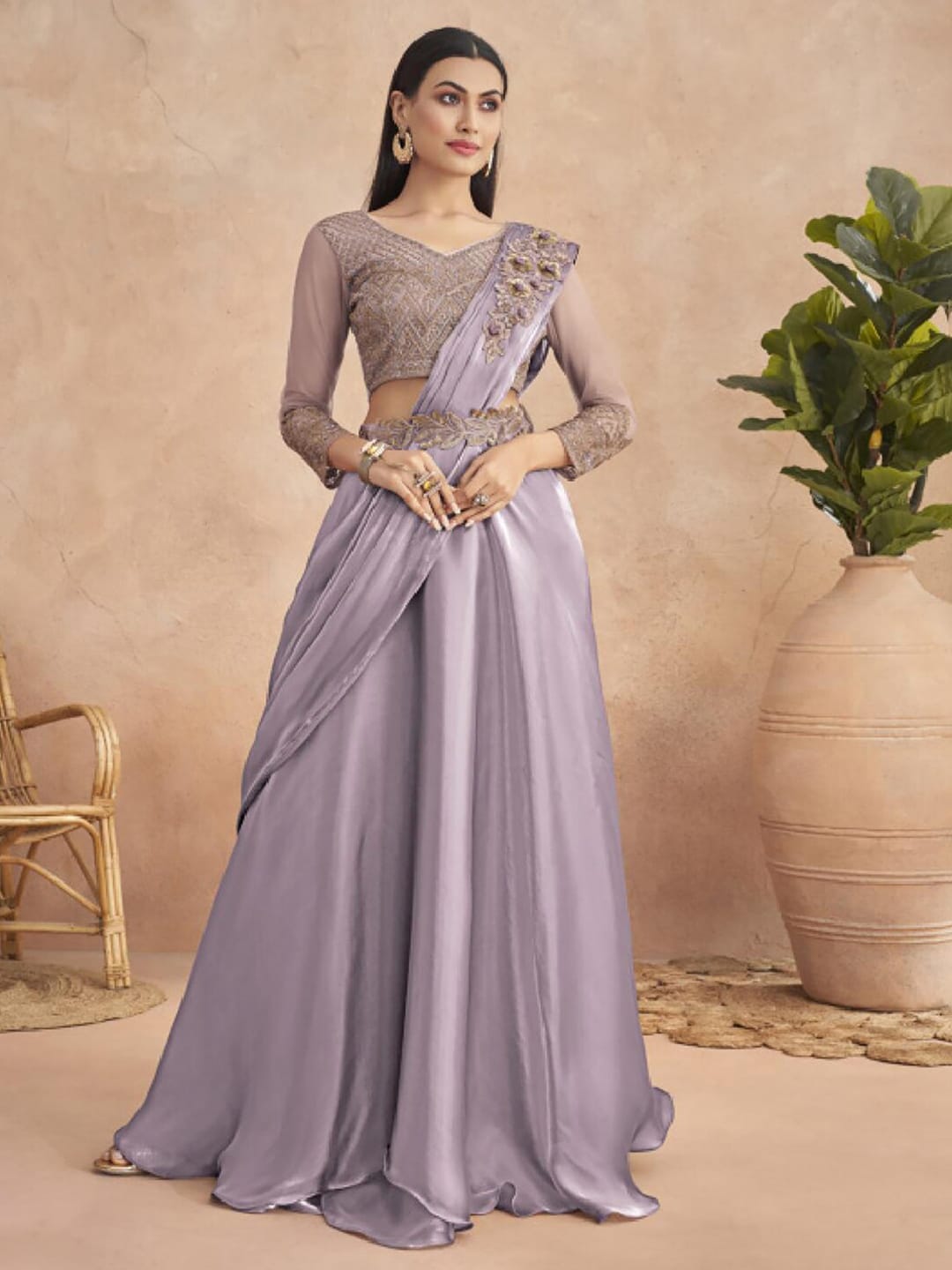 Mitera Lavender Floral Embroidered Satin Saree - Distacart
