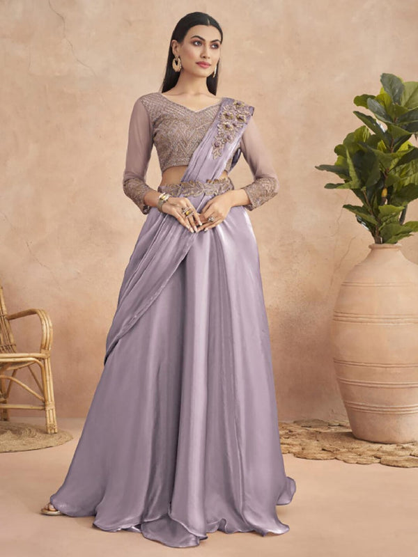 Mitera Lavender Floral Embroidered Satin Saree - Distacart