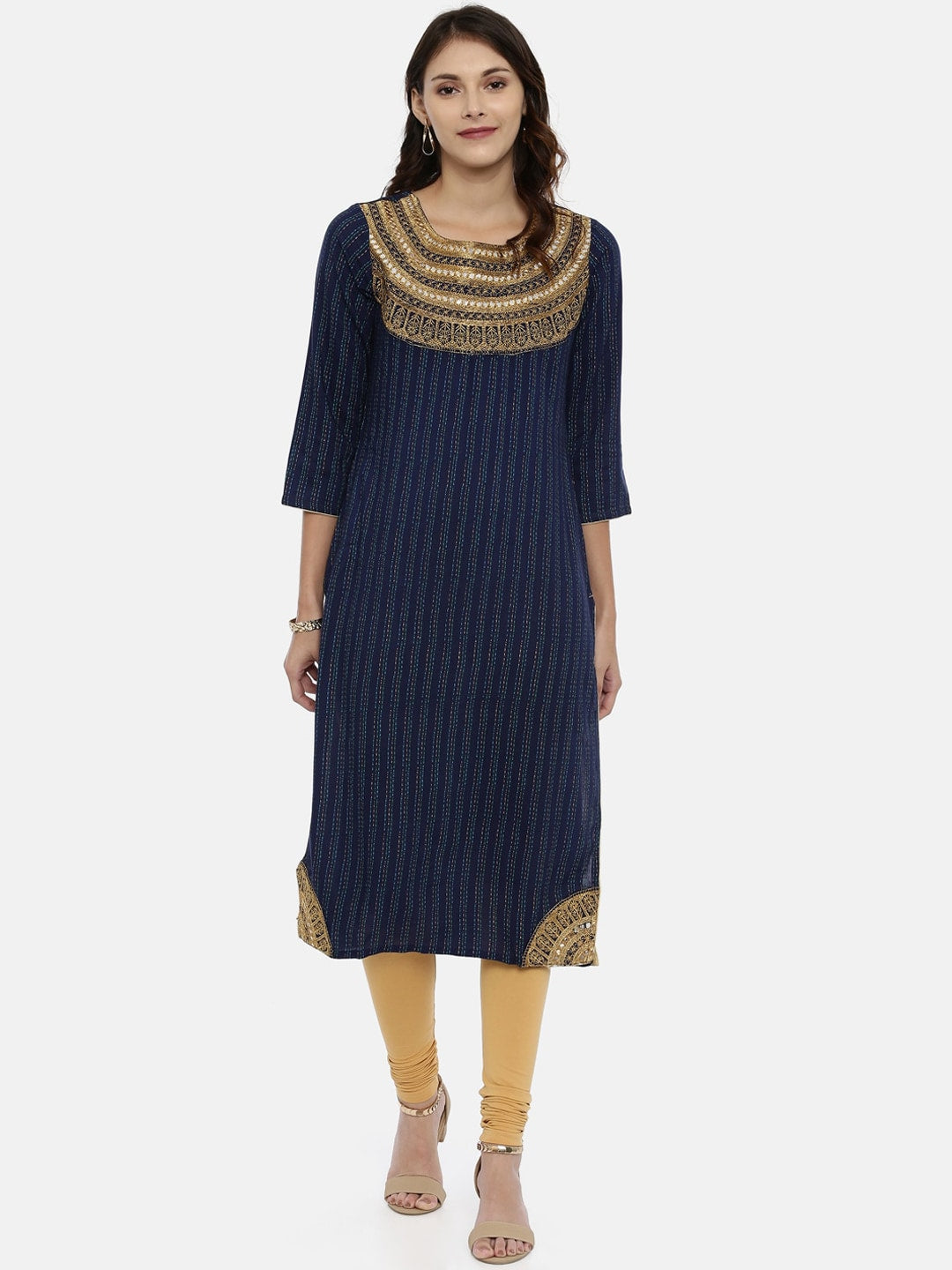 Souchii Navy Blue & Gold-Toned Striped A-Line Kurta - Distacart