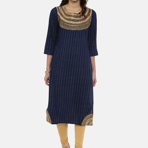 Souchii Navy Blue & Gold-Toned Striped A-Line Kurta - Distacart
