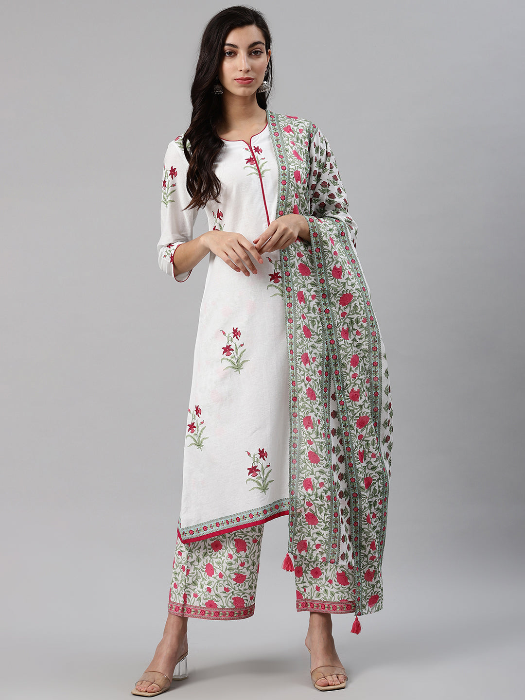 Biba Women White & Pink Printed Kurta with Palazzos & Dupatta - Distacart