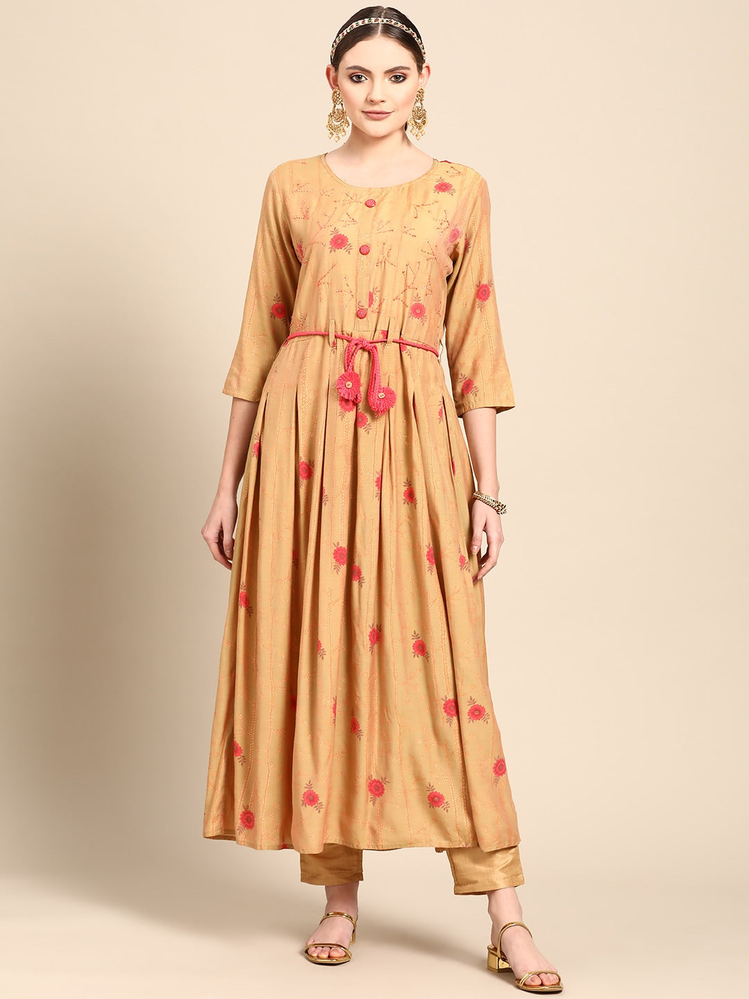 Sangria Women Mustard Yellow & Pink Ethnic Motifs Embroidered Mirror Work Anarkali Kurta - Distacart