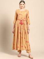 Thumbnail for Sangria Women Mustard Yellow & Pink Ethnic Motifs Embroidered Mirror Work Anarkali Kurta - Distacart