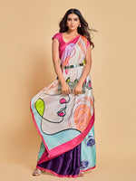 Thumbnail for Sangria Pink & Blue Abstract Printed Satin Saree - Distacart