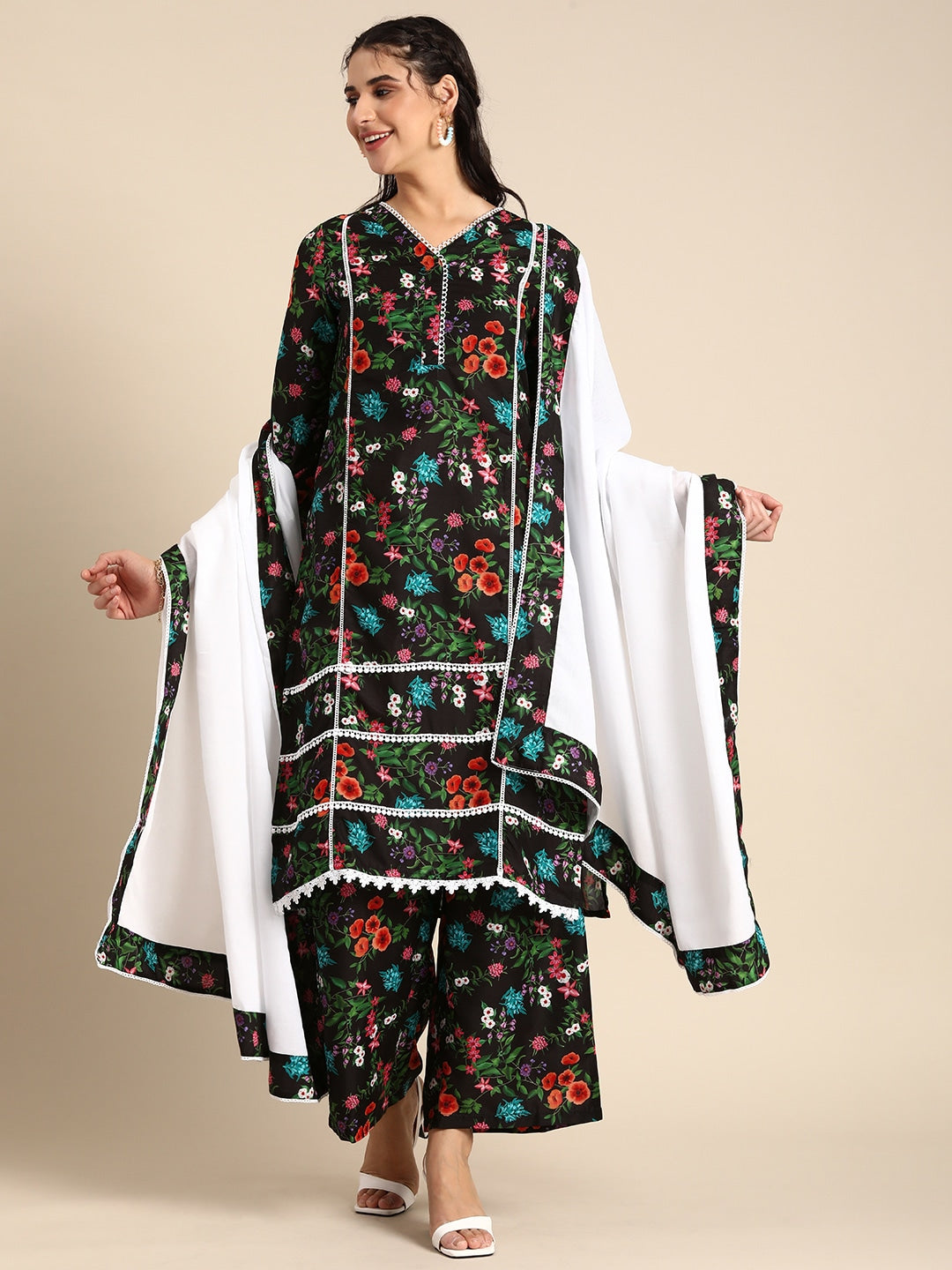 Sangria Women V-Neck Floral Printed Regular Kurta with Palazzos & With Dupatta - Distacart
