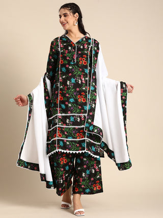 Sangria Women V-Neck Floral Printed Regular Kurta with Palazzos & With Dupatta - Distacart