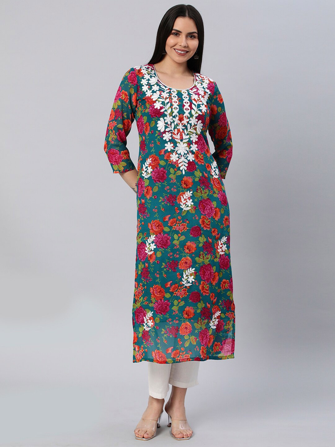 Kalini Floral Printed Chikankari Embroidered Straight Kurta - Distacart