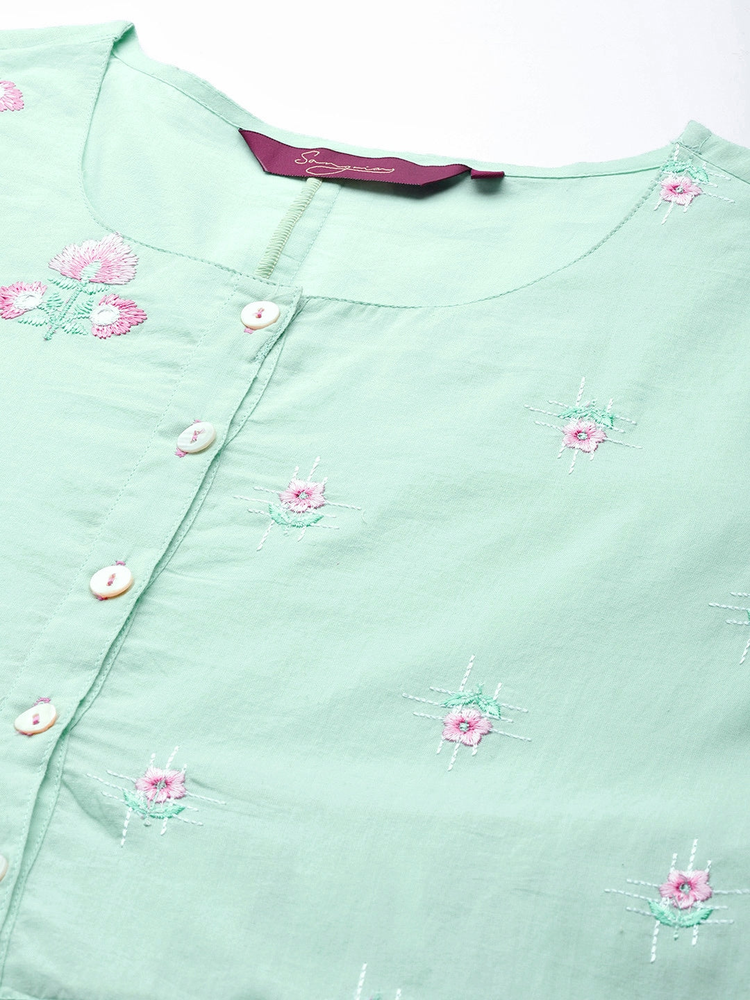 Sangria Women Turquoise Blue Floral Embroidered Kurta with Palazzos - Distacart