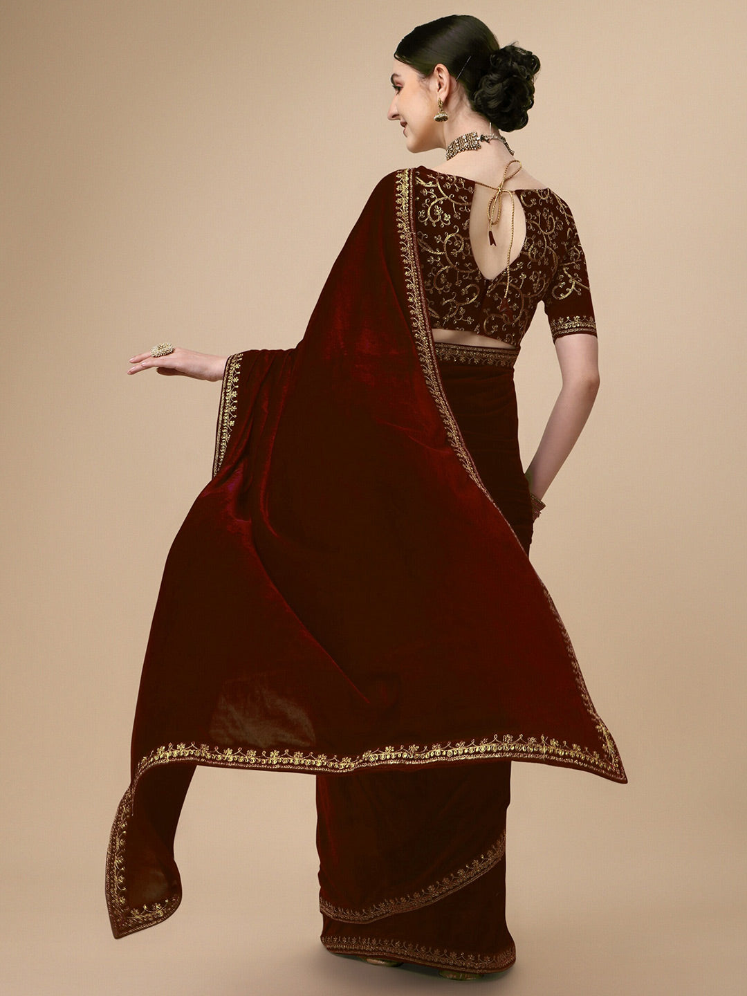 Kalini Embroidered Border Lace Work Velvet Saree - Distacart