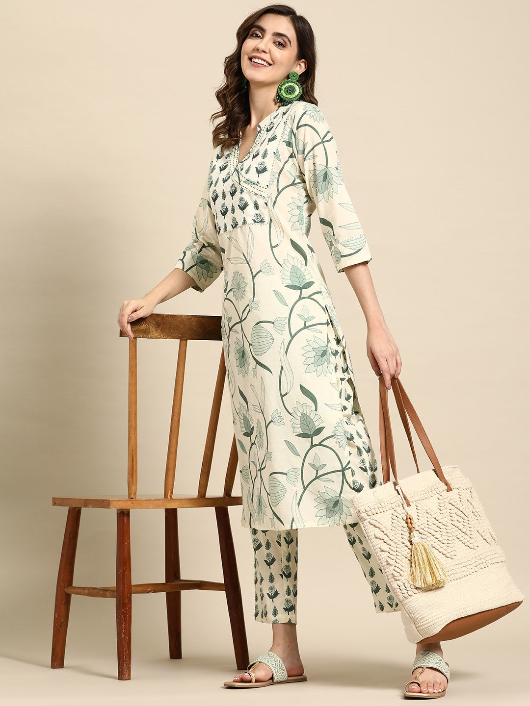 Sangria Floral Printed Angrakha Sequinned Pure Cotton Kurta With Trousers - Distacart