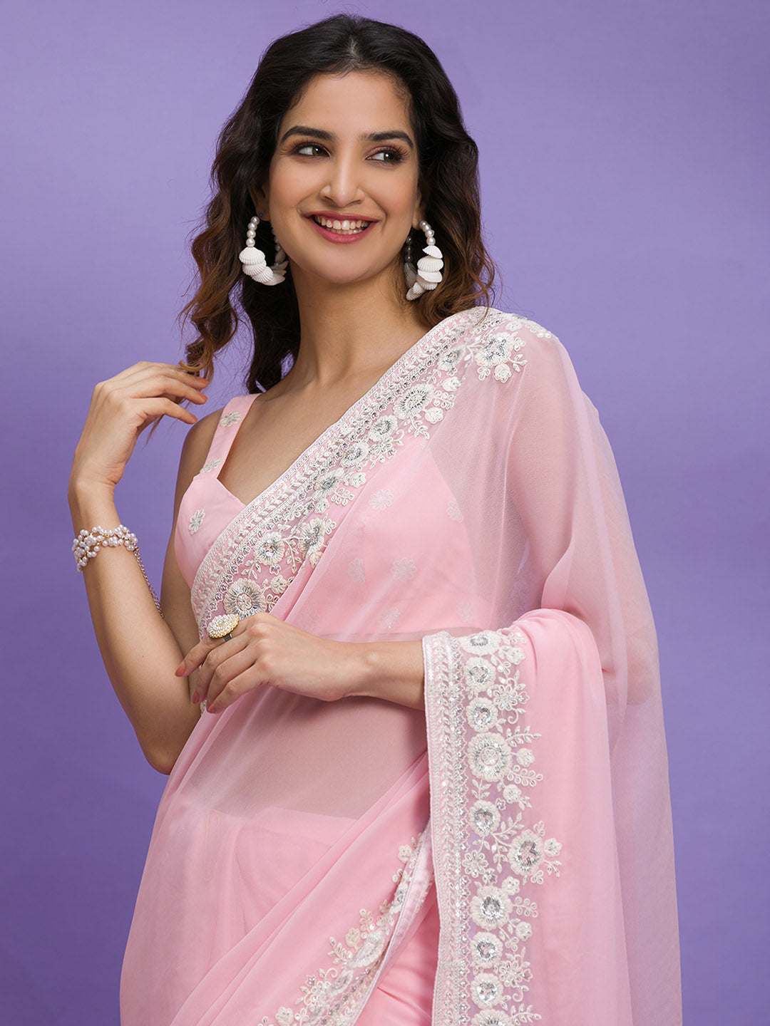 Koskii Embroidered Sequinned Poly Georgette Saree - Distacart