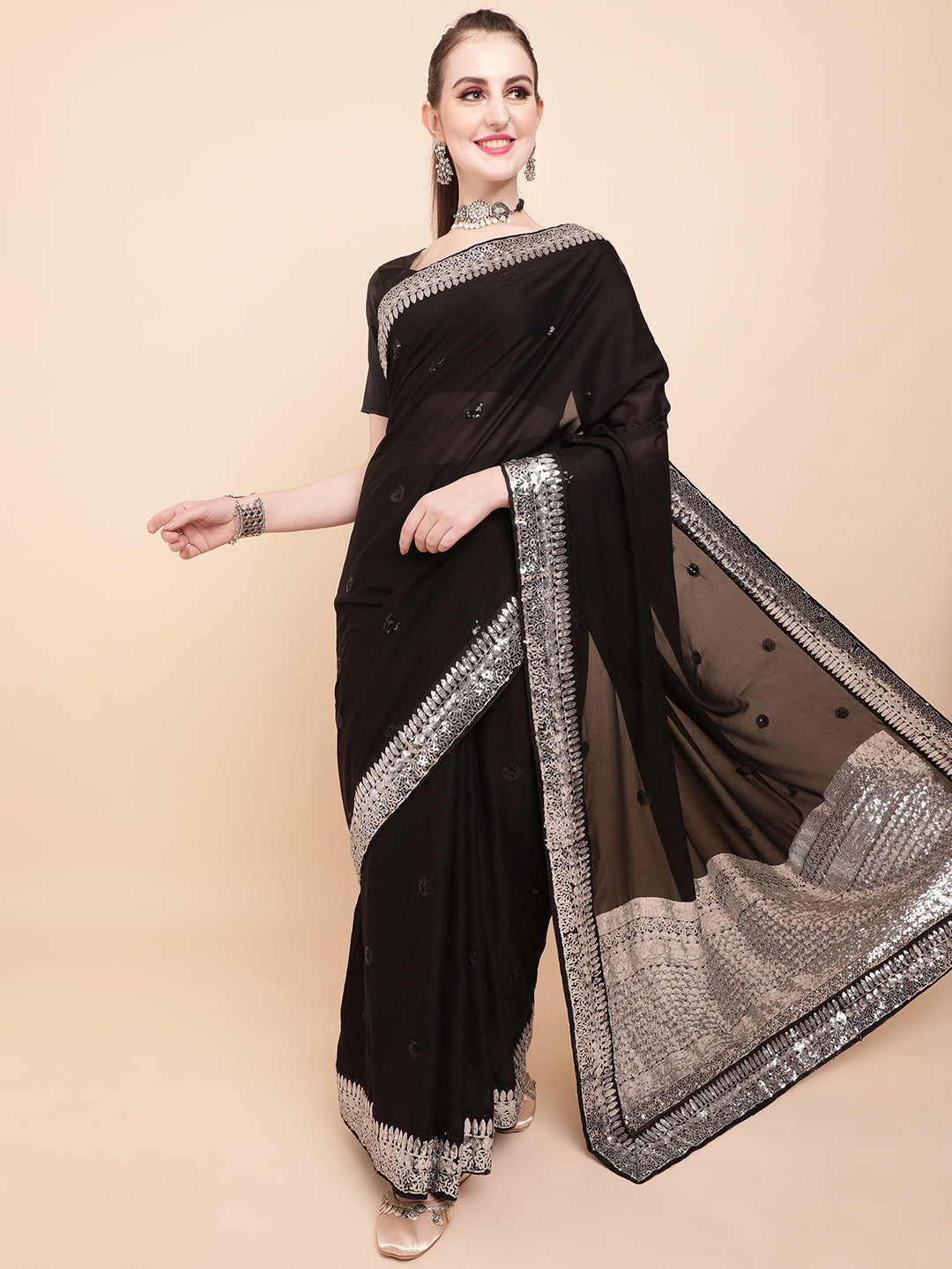 Sangria Black & Silver-Toned Embellished Sequinned Pure Georgette Saree - Distacart