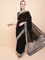 Thumbnail for Sangria Black & Silver-Toned Embellished Sequinned Pure Georgette Saree - Distacart