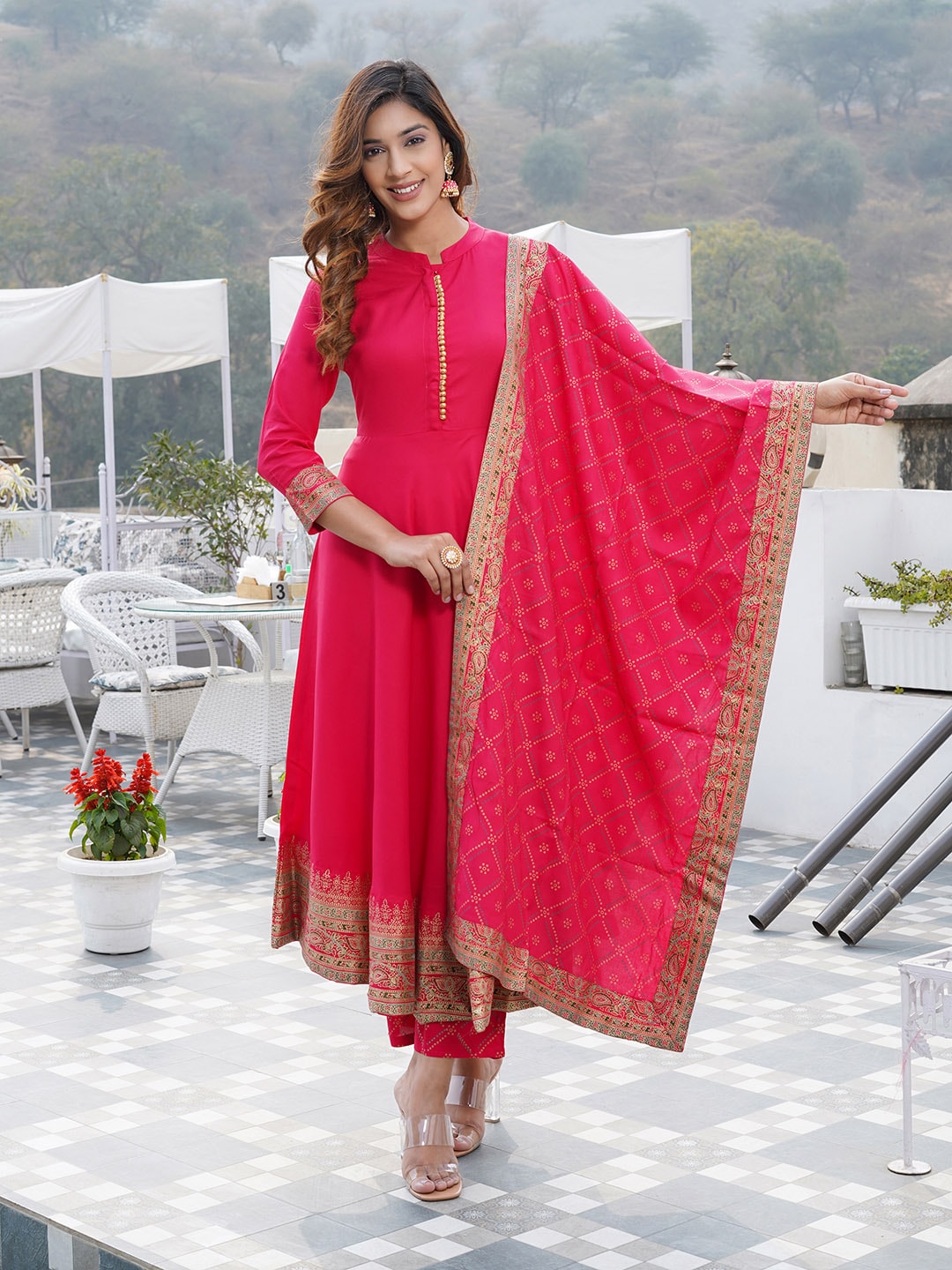 Kalini Mandarin Collar Floral Printed Kurta with Trousers & With Dupatta - Distacart