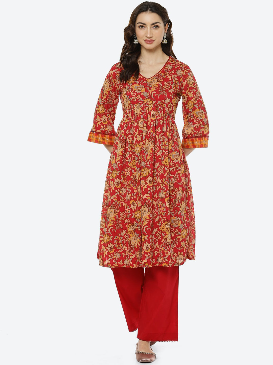 Biba Women Red Floral Printed Empire Pure Cotton Kurta with Palazzos - Distacart