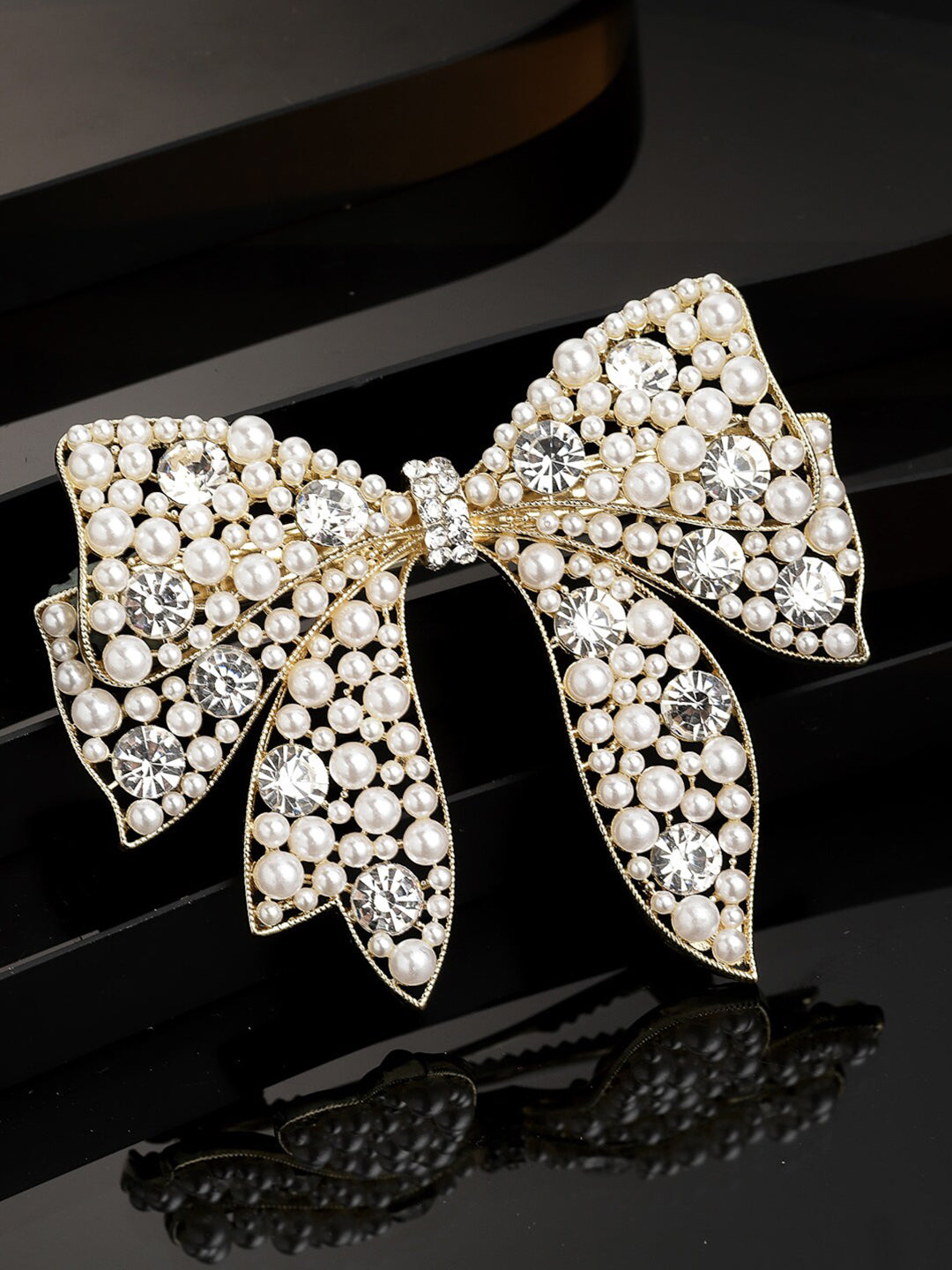 Panash Women Gold-Toned & White Embellished Bow-Shaped Alligator Hair Clip - Distacart