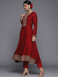 Thumbnail for Libas Women Maroon Floral Embroidered Sequinned Kurta with Trousers & Dupatta - Distacart