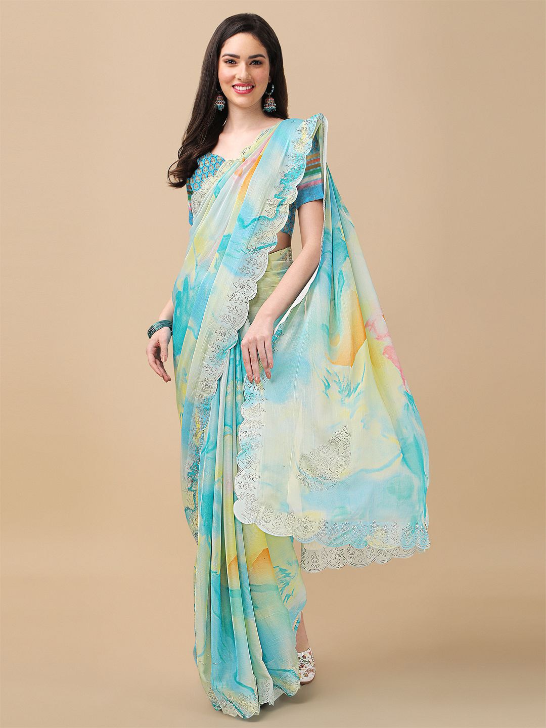Mitera Blue & Blue Tie and Dye Beads and Stones Saree - Distacart